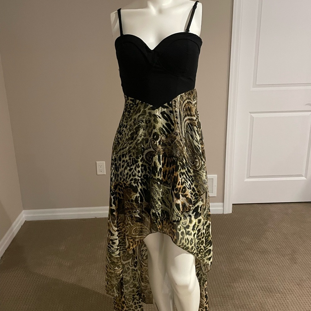 Black Bustier High-Low Dress with Olive Animal Print Skirt